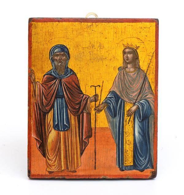 Russian Icon depicting a Holy Monastic Hermit and a Holy Queen (Saint Barbara or Saint Catherine of Alexandria)