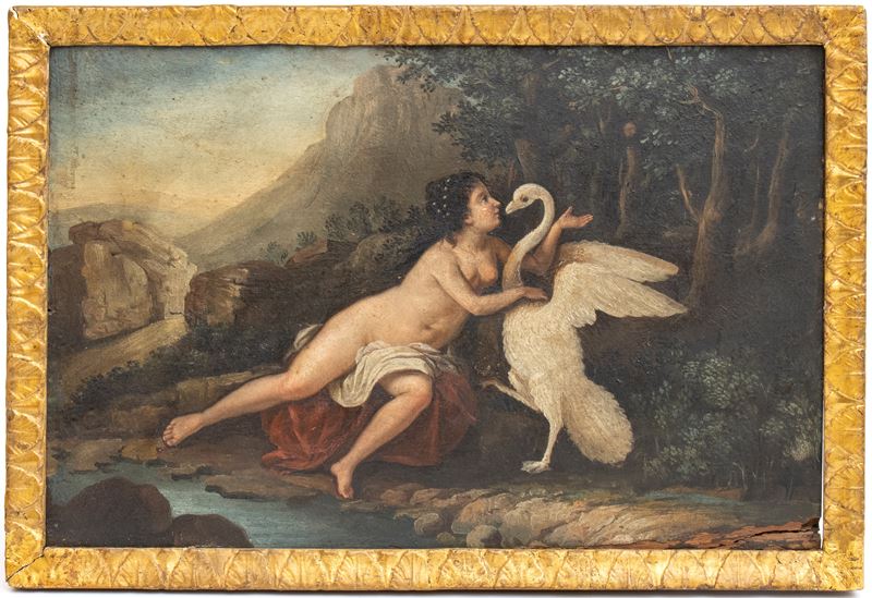 Artista Italiano, XIX Secolo - Autore non identificato, Leda e il cigno, olio su tavola