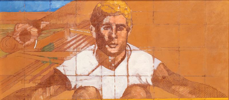 Lorenzo Tornabuoni - In memoria di Alexander Deineka, olio su tela, 40 x 90 cm, 1971/72