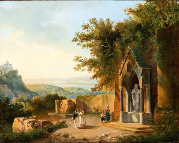 Artista attivo a Roma, XIX secolo - Votive shrine in the Latium countryside with a view of Ariccia in the background