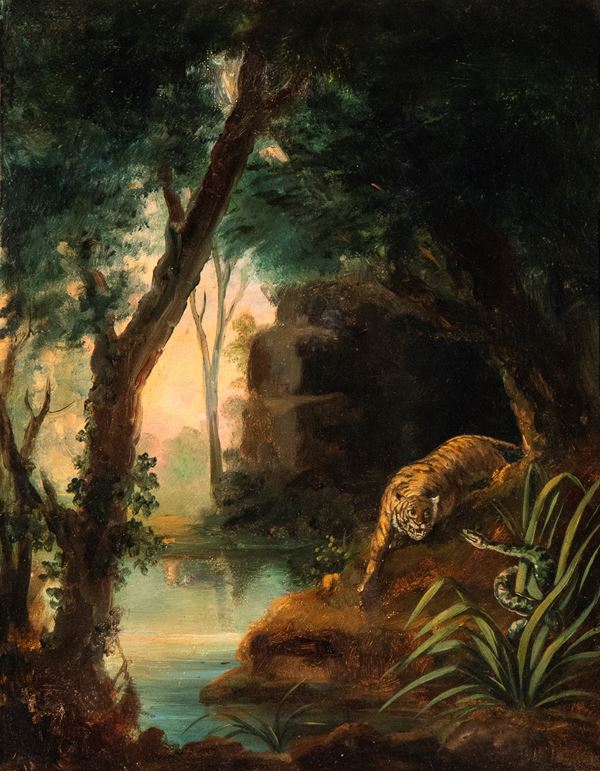 Pittore animalista francese, prima met&#224; XIX secolo - Landscape with a tiger and a snake