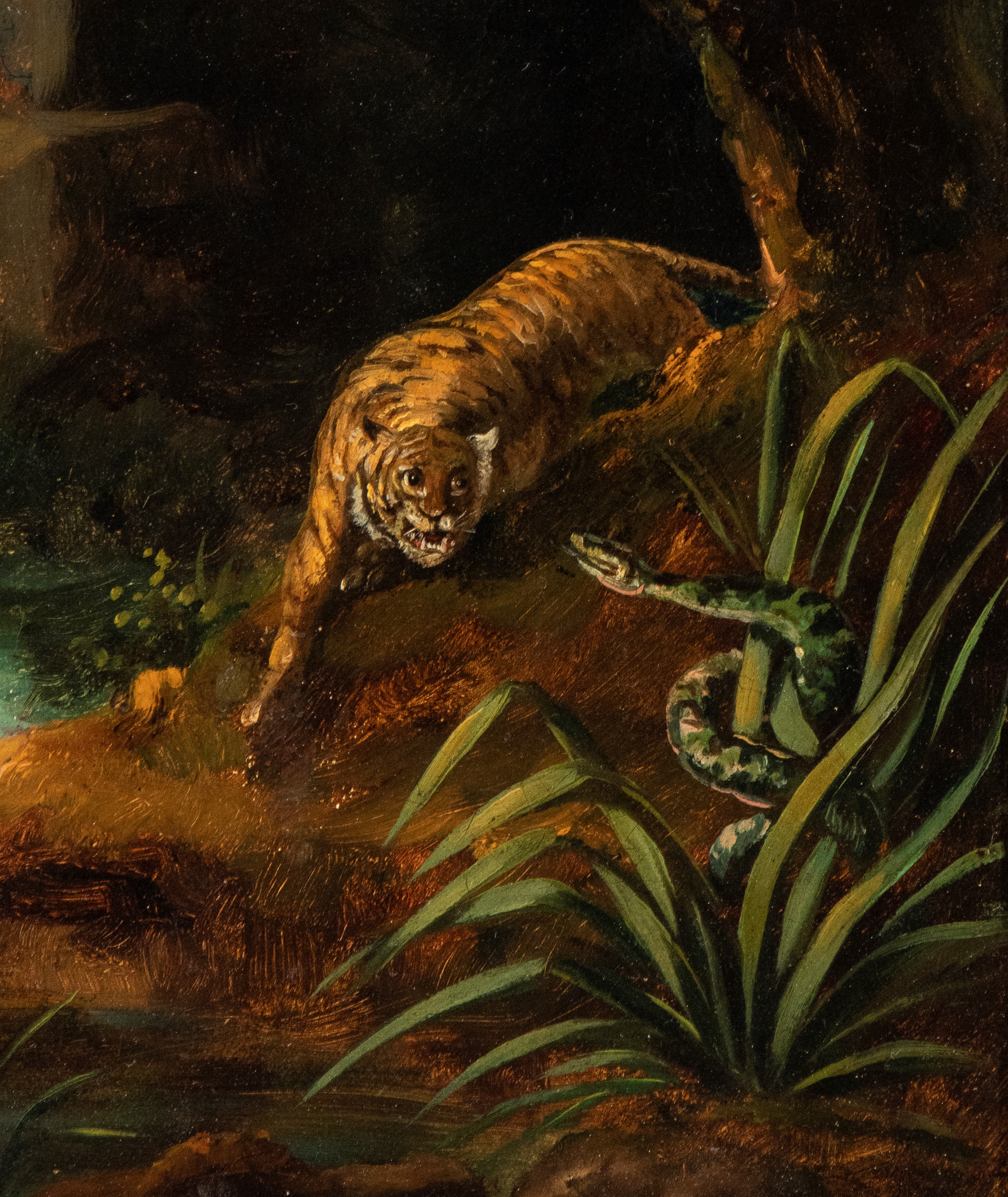 Pittore Animalista Francese, Prima Metà XIX Secolo - Paesaggio con tigre e serpente, olio su tela