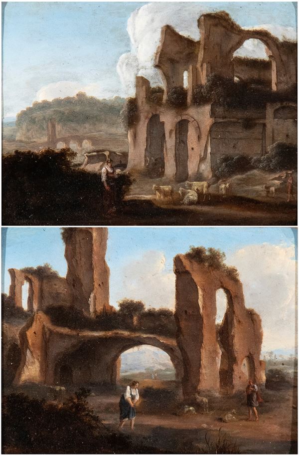 Artista attivo a Roma, XVII secolo - a) Landscape with ruins, shepherds with livestock, and a bridge in the background; b) Landscape with ruins and shepherds with livestock.  Pair of paintings