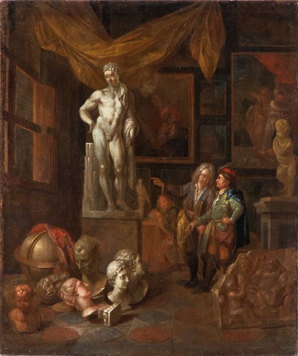 Artista fiammingo, XVII-XVIII secolo - A visit to the sculptor's studio