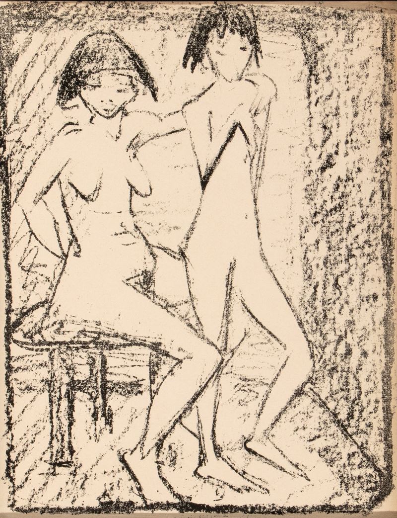Otto Mueller - Zwei Mädchen im Innenraum, litografia su carta