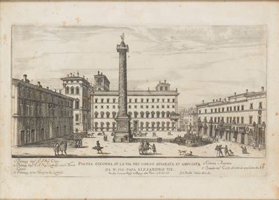 Piazza Colonna su la via del Corso spianata et ampliata, acquaforte