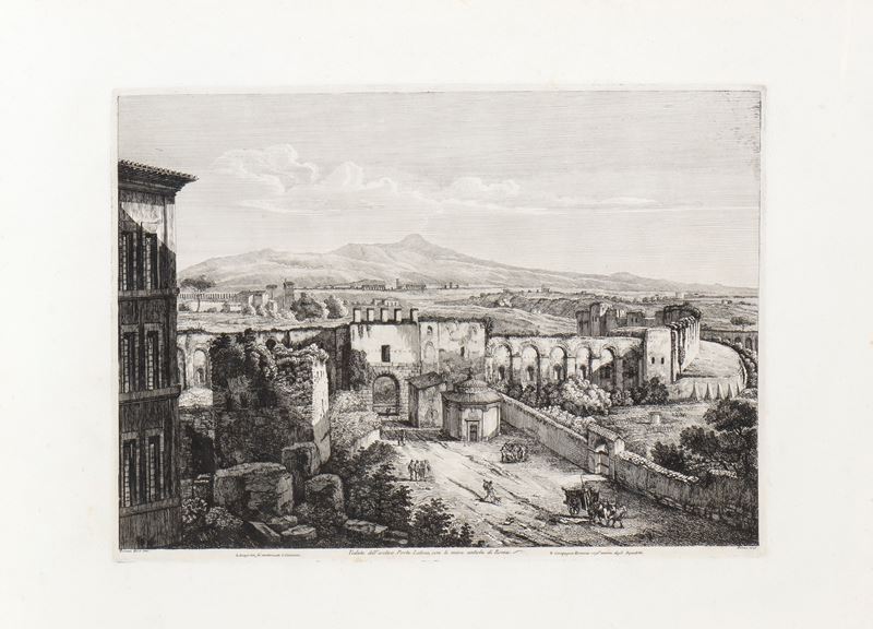 Luigi Rossini - Veduta dell'antica Porta Latina e mura antiche di Roma, acquaforte