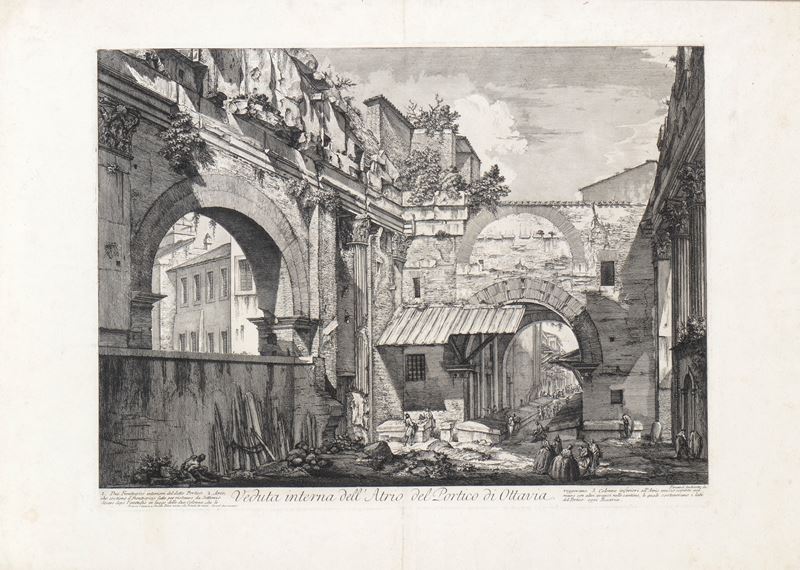 Giovanni Battista Piranesi - Veduta interna dell'Atrio del Portico di Ottavia, acquaforte, 1823