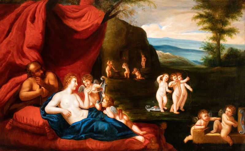 Francesco Albani - Venere, Vulcano e amorini in un paesaggio, olio su tela