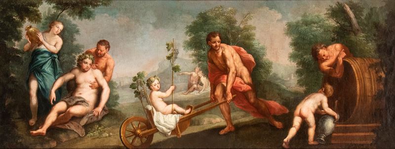 Artista Veneto, XVIII Secolo - Autore sconosciuto, L'educazione di Bacco, olio su tela