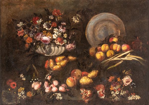 Artista napoletano, XVII - XVIII secolo - Still life with flowers, fruit, and metal plate