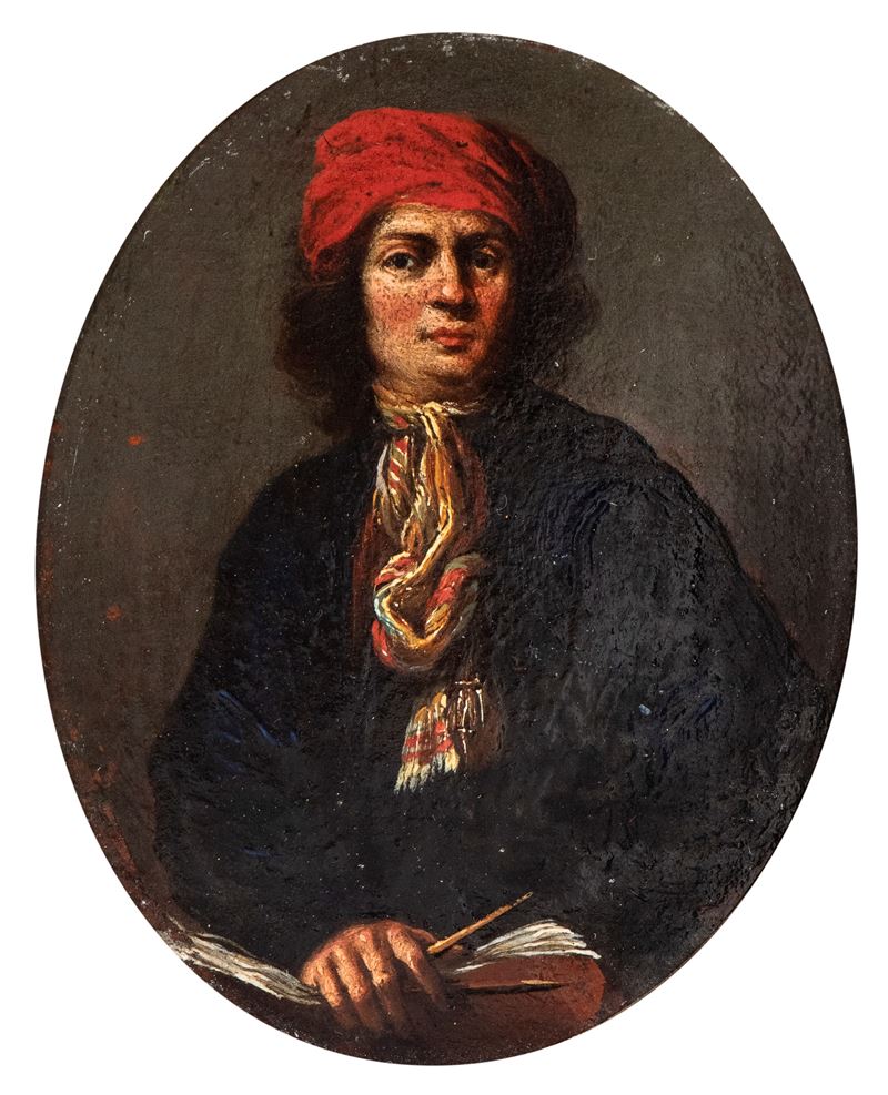 Antonio Ligari - Autoritratto con turbante, libro e compasso, olio su tavola