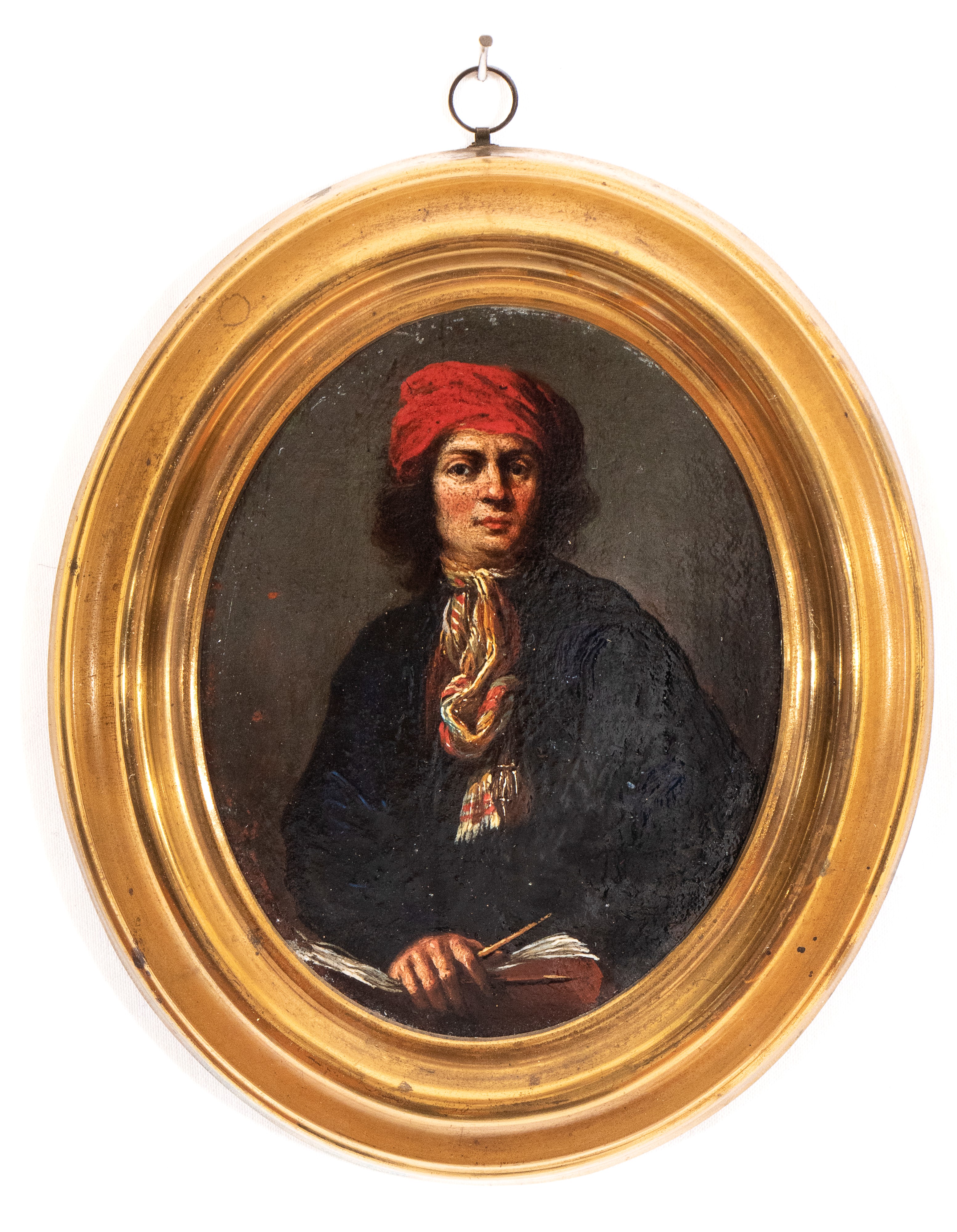 Antonio Ligari - Autoritratto con turbante, libro e compasso, olio su tavola