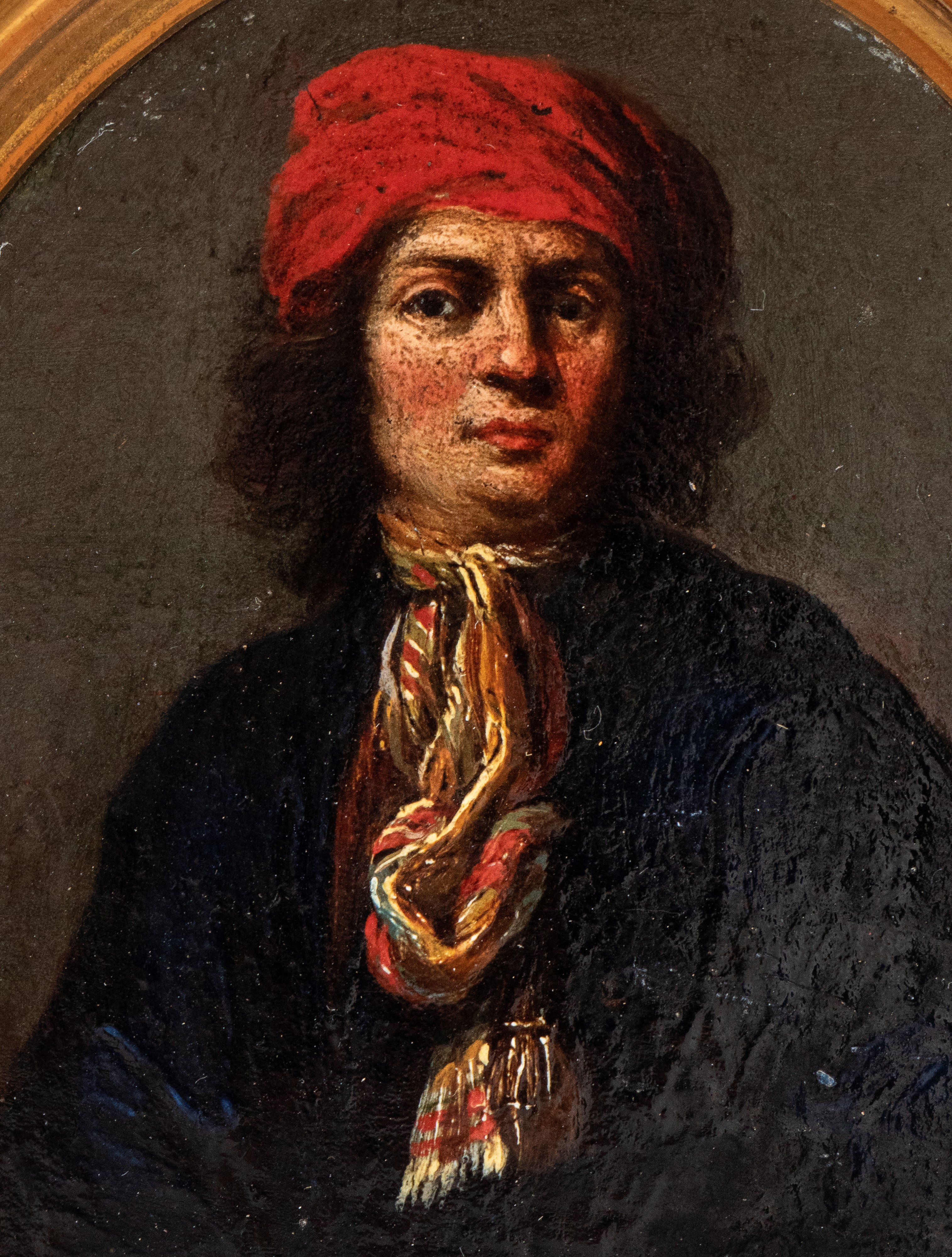 Antonio Ligari - Autoritratto con turbante, libro e compasso, olio su tavola