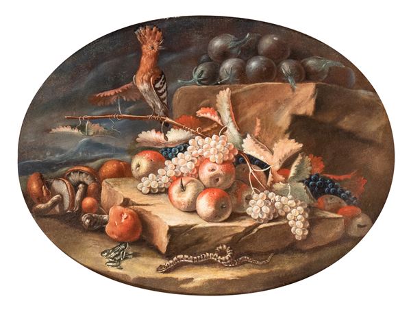Artista emiliano, XVIII secolo - Still life with hoopoe, frog, and snake