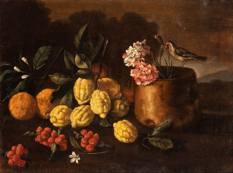 Giuseppe Ruoppolo - Natura morta con limoni, fragole e uccellino, olio su tela