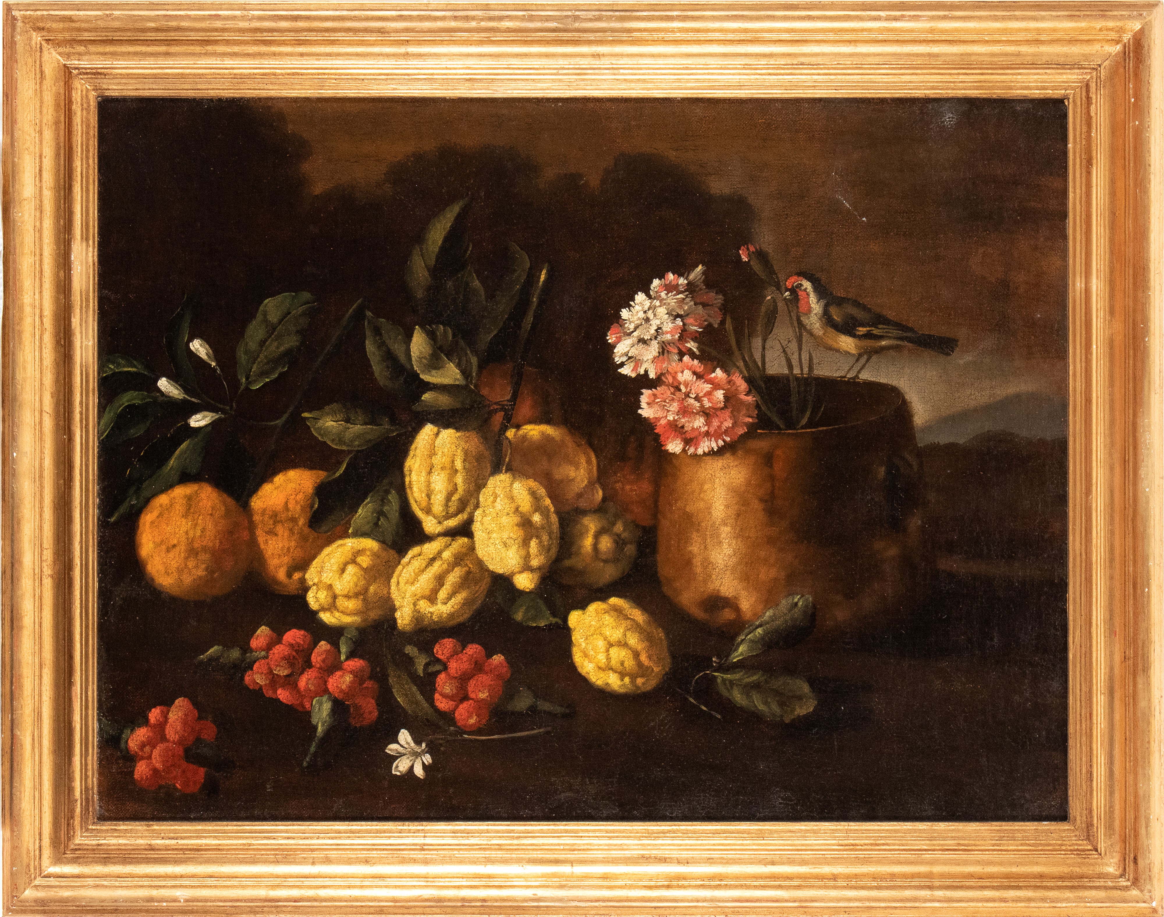 Natura morta con limoni, fragole e uccellino