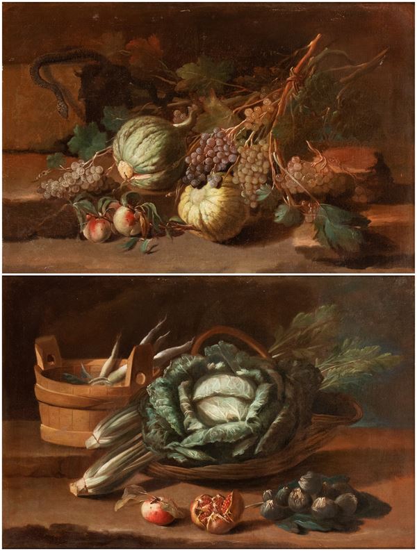 Nicola Levoli - a) Still life with grapes, pumpkins, peaches, and a snake; b) Still life with cabbage, celery, pomegranates, and figs. Pair of paintings