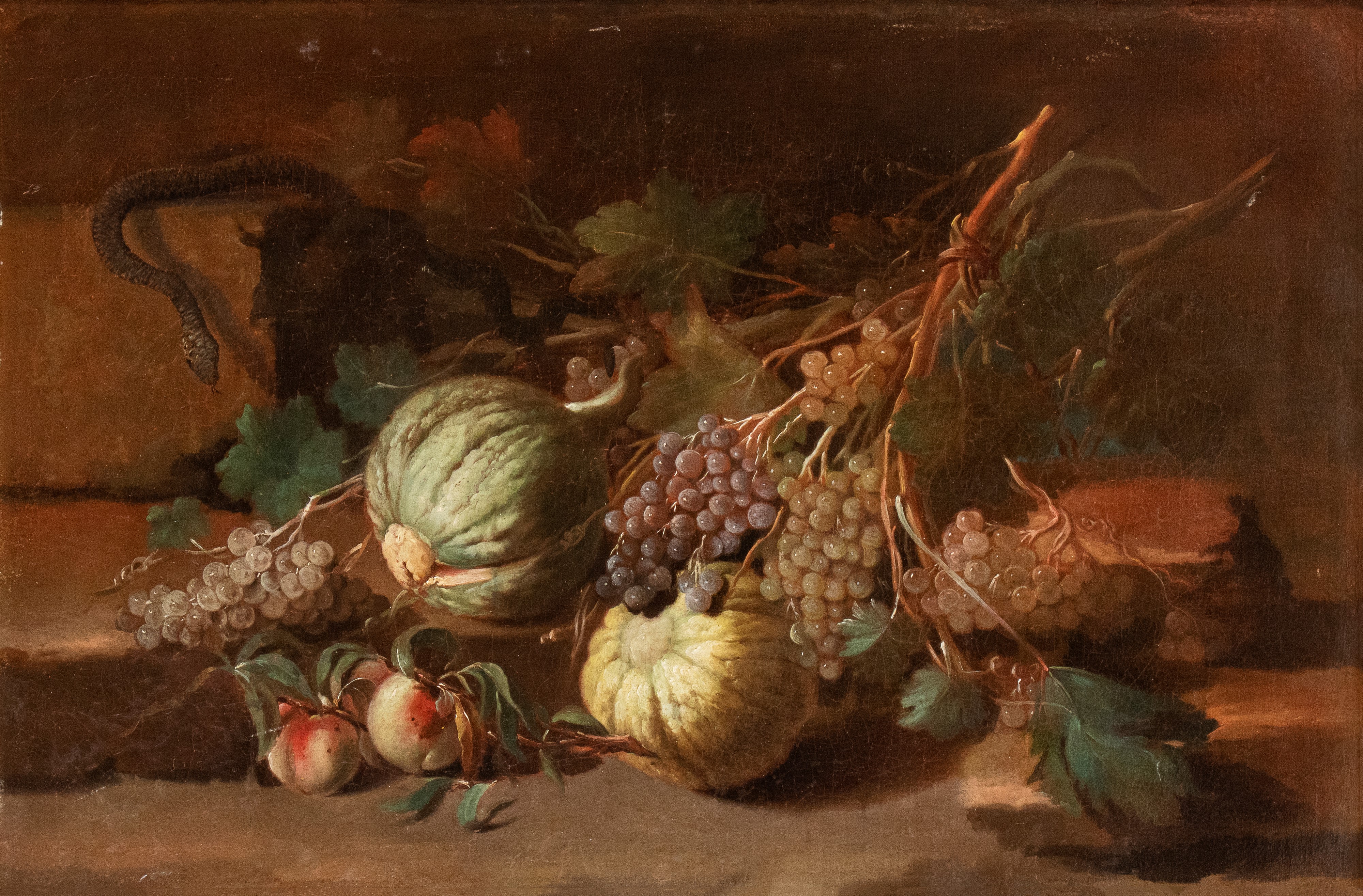 a) Natura morta con uva, zucche, pesche e un serpente; b) Natura morta con cavolo, sedano, melegr...