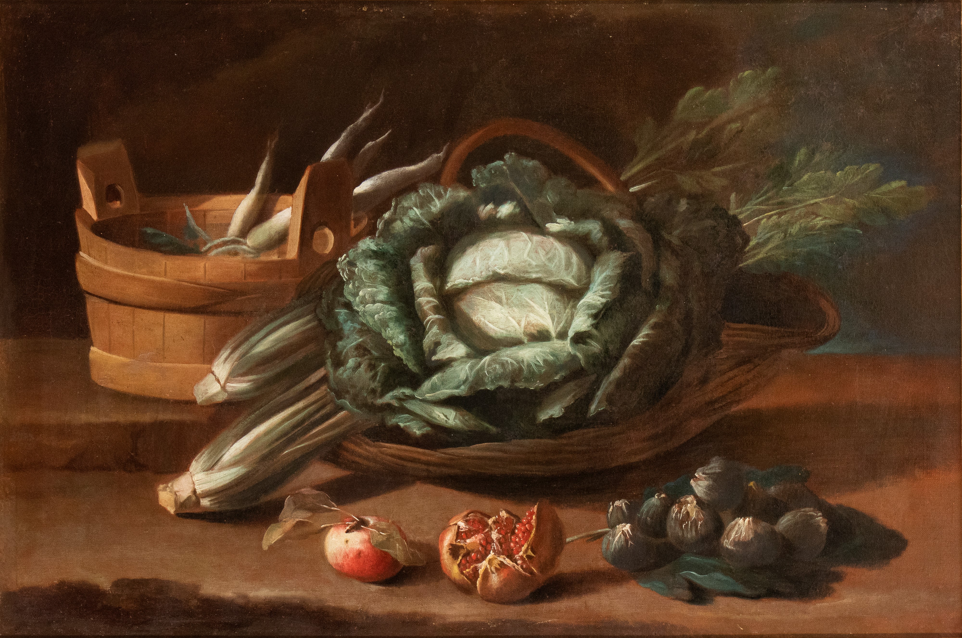 a) Natura morta con uva, zucche, pesche e un serpente; b) Natura morta con cavolo, sedano, melegr...