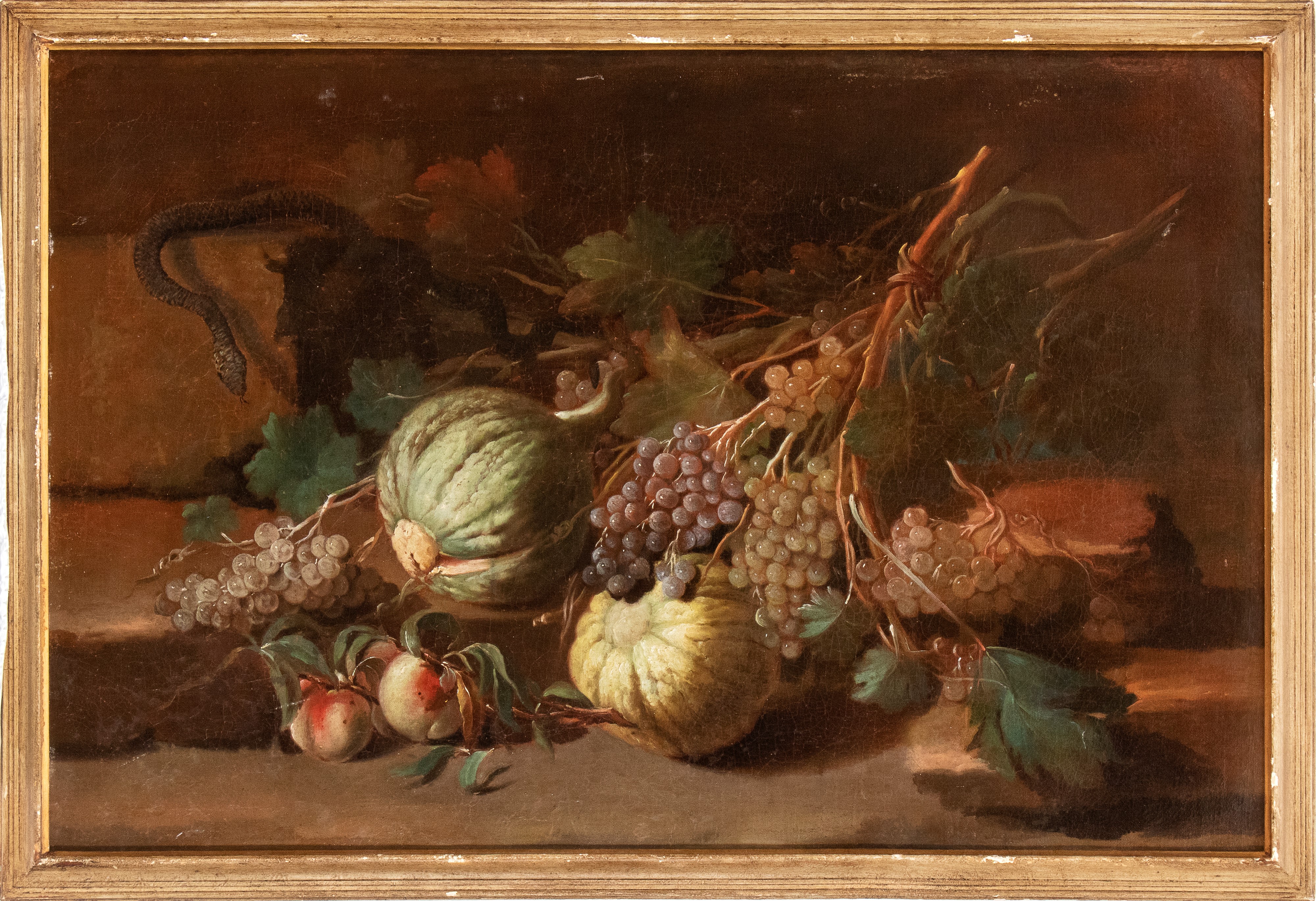 a) Natura morta con uva, zucche, pesche e un serpente; b) Natura morta con cavolo, sedano, melegr...