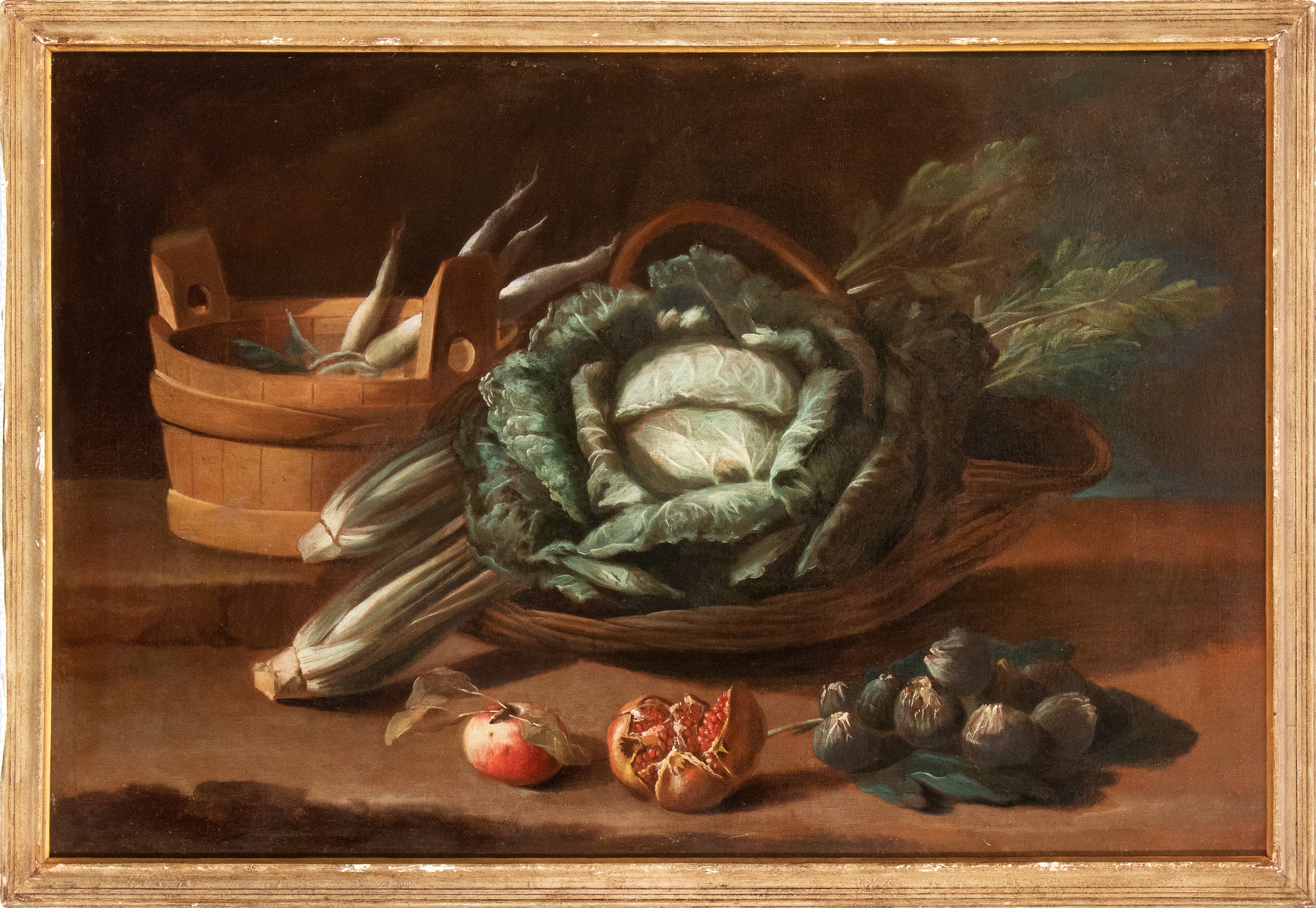 a) Natura morta con uva, zucche, pesche e un serpente; b) Natura morta con cavolo, sedano, melegr...