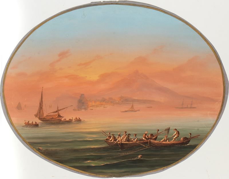Veduta dell’isola di Ischia al tramonto, Gouache su carta