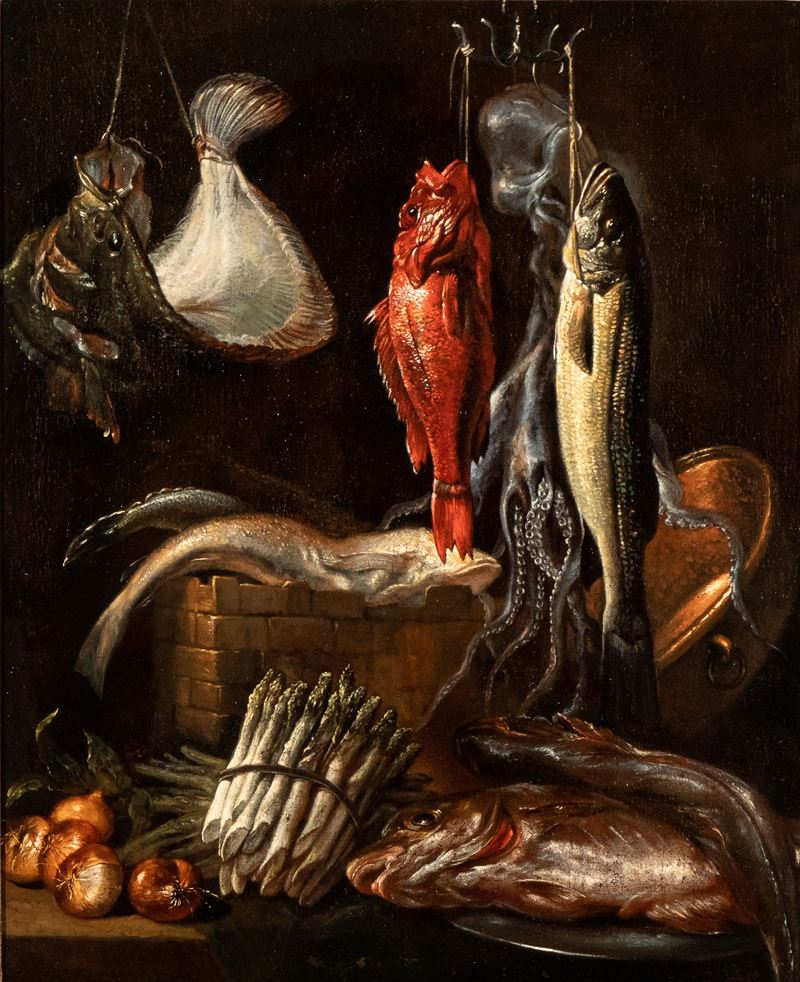 Giovanni Battista Recco - Natura morta con pescato, asparagi e cipolle, olio su tela