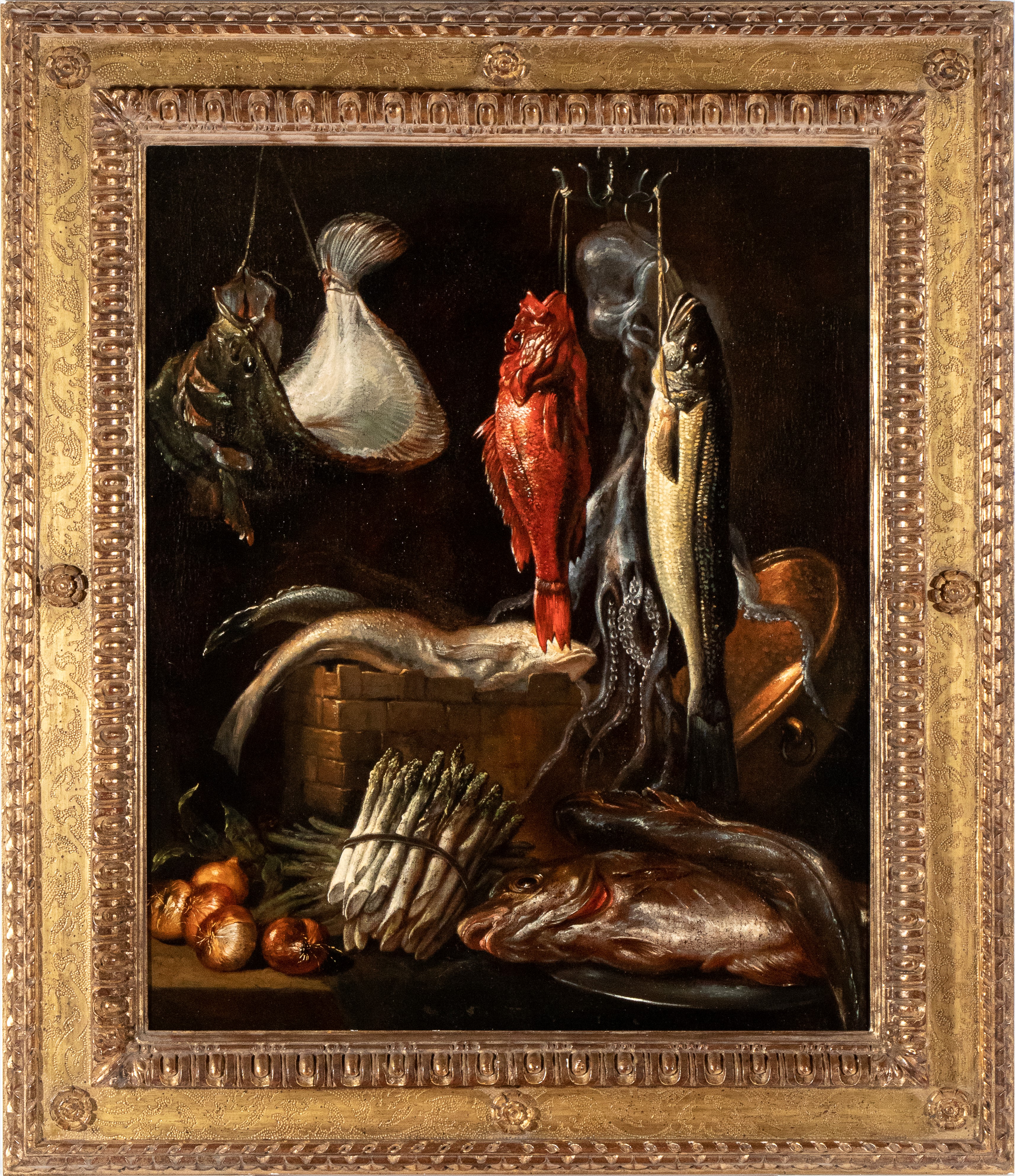 Giovanni Battista Recco - Natura morta con pescato, asparagi e cipolle, olio su tela