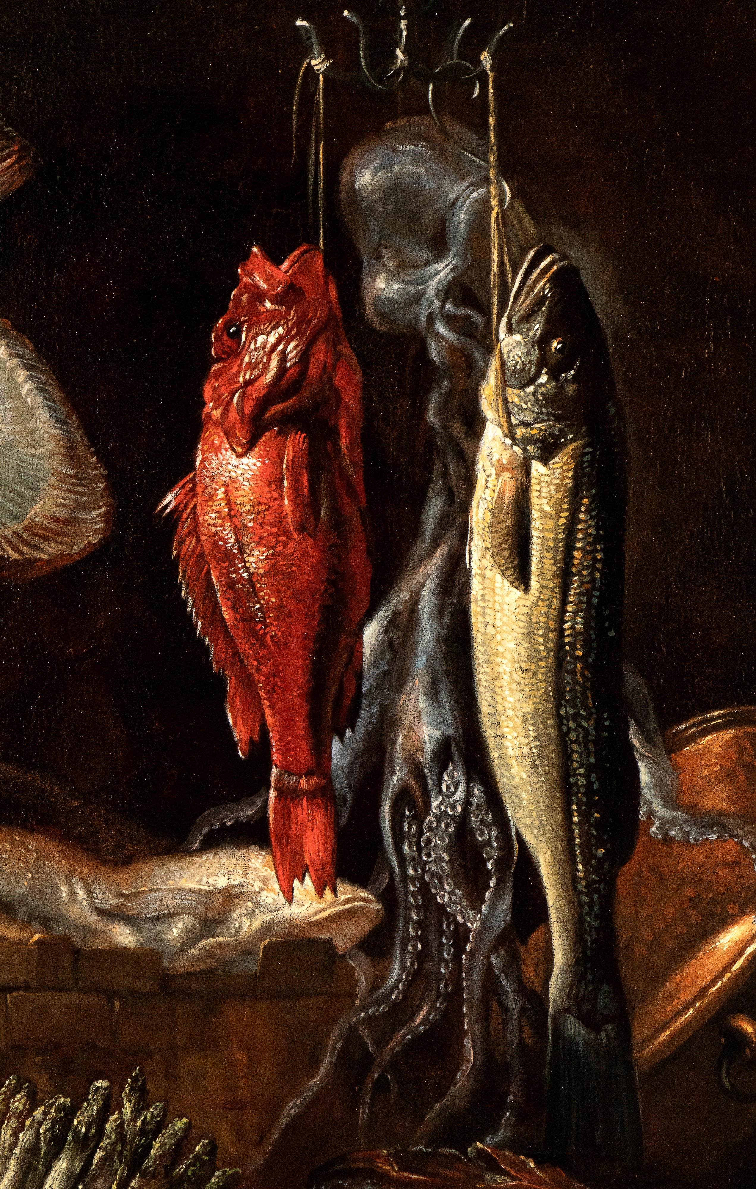 Giovanni Battista Recco - Natura morta con pescato, asparagi e cipolle, olio su tela