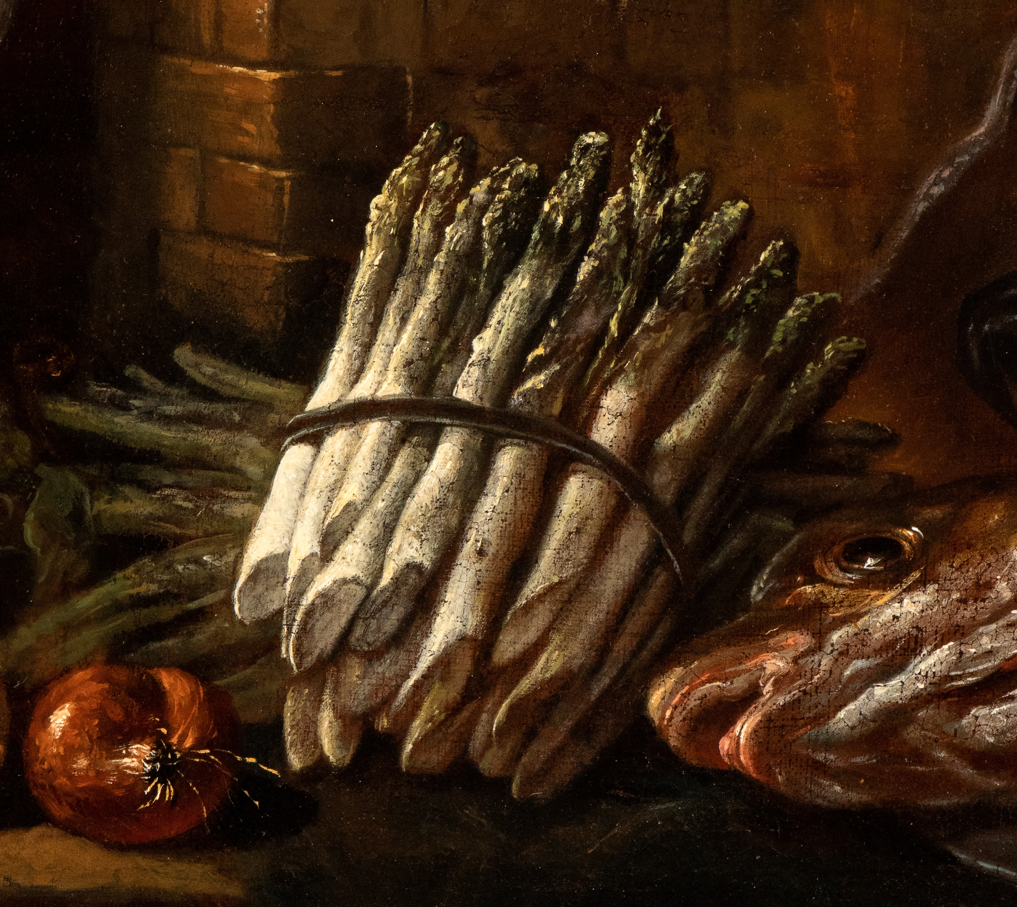 Giovanni Battista Recco - Natura morta con pescato, asparagi e cipolle, olio su tela
