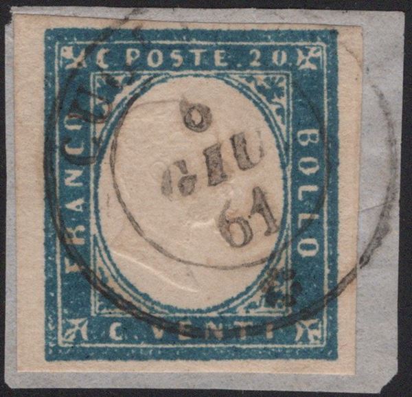 Sardegna - 20 cent. Cobalto Verdastro II tav. n.15Dg usato a CUGLIERI (pt.8)