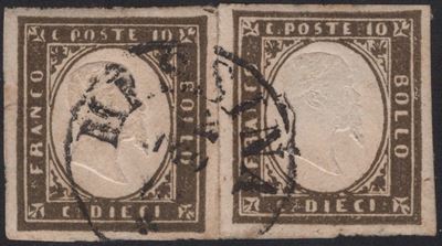 Emissione IV, Sardegna, 10 centesimi oliva brunastro scurissimo, due esemplari usati