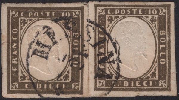 Sardegna - IV emissione, 10 cent. Oliva brunastro scurissimo, due esemplari.