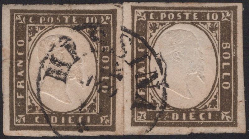 Emissione IV, Sardegna, 10 centesimi oliva brunastro scurissimo, due esemplari usati