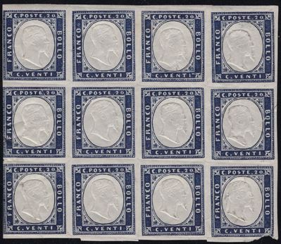 Sardegna, 20 centesimi indaco in blocco di 12, anno 1862, gomma originale MNH