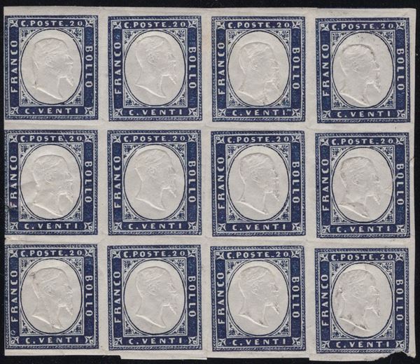 Sardegna - 20 cent. indaco in blocco di 12 MNH.