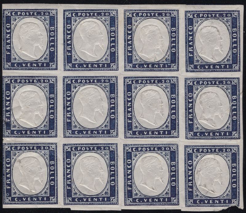 Sardegna, 20 centesimi indaco in blocco di 12, anno 1862, gomma originale MNH