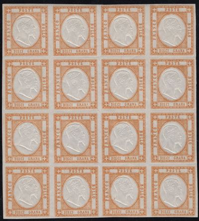 1861, 10 Grana Arancio n.22 in Blocco di 16 MNH
