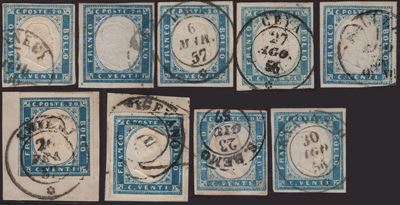 Sardegna, IV emissione, 20 centesimi, set di 9 esemplari della prima tiratura (1855-1856)