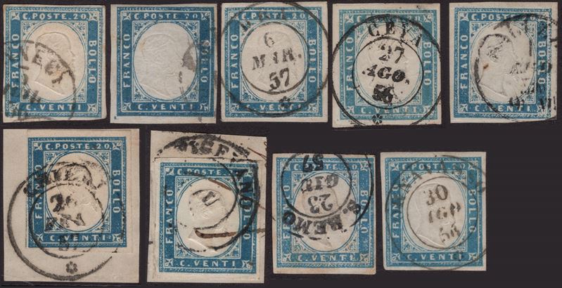 Sardegna, IV emissione, 20 centesimi, set di 9 esemplari della prima tiratura (1855-1856)