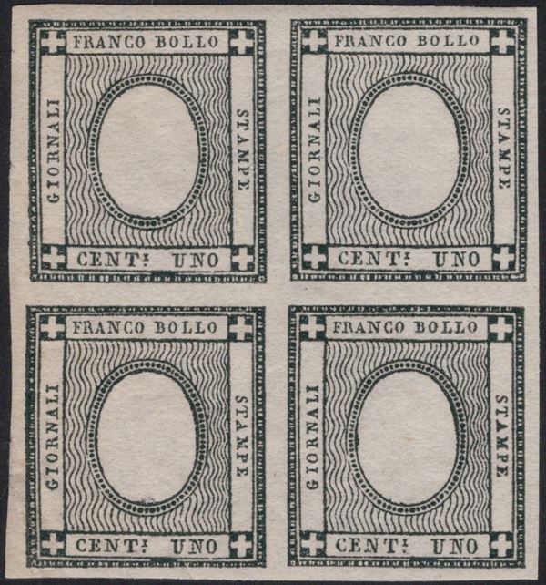 Sardegna - Francobolli per le stampe, 1 cent. Nero Verdastro in quartina senza numero e gomma integra.