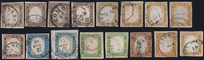 Sardegna, IV emissione, insieme di 16 francobolli con assortimento di tonalità