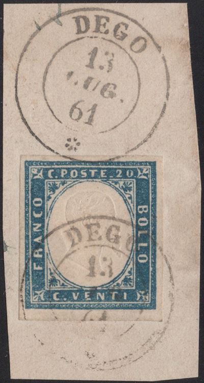 Sardegna, IV emissione, 20 centesimi cobalto grigiastro n.15Dd, 1861