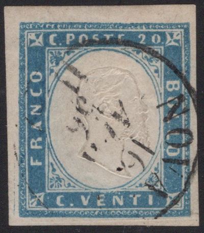 Sardegna, 20 centesimi cobalto chiaro, angolo di foglio superiore sinistro, 1856, LUSSO
