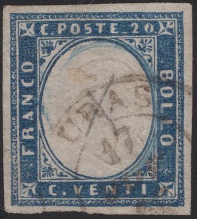 Sardegna, Annullamenti 1862 - 20 centesimi celeste n. 15, timbro DC di URAS (pt.11)