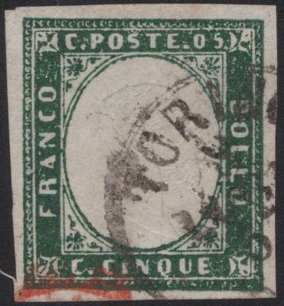 1857, 5 centesimi verde mirto n. 13A