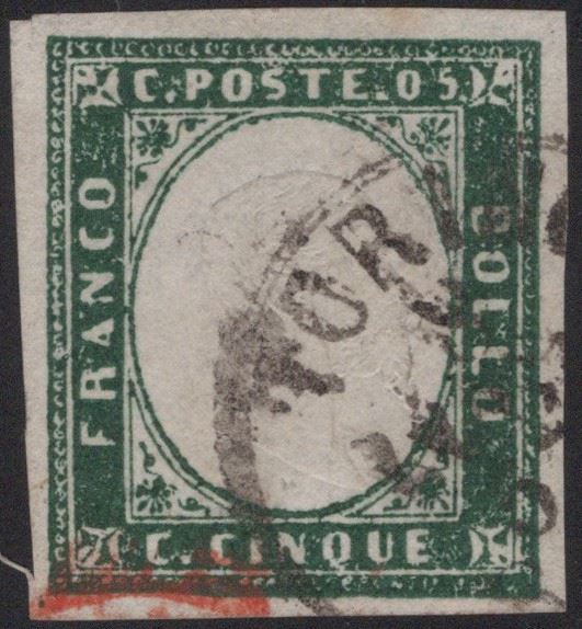 1857, 5 centesimi verde mirto n. 13A