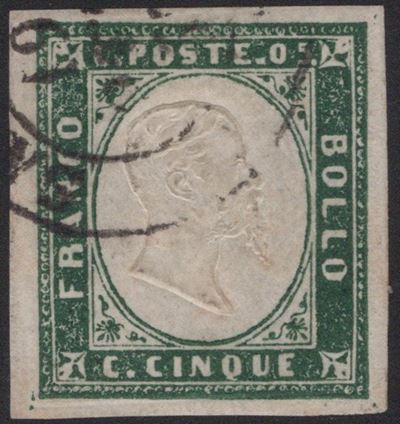 1857, 5 centesimi Verde Mirto tonalità chiara n. 13A