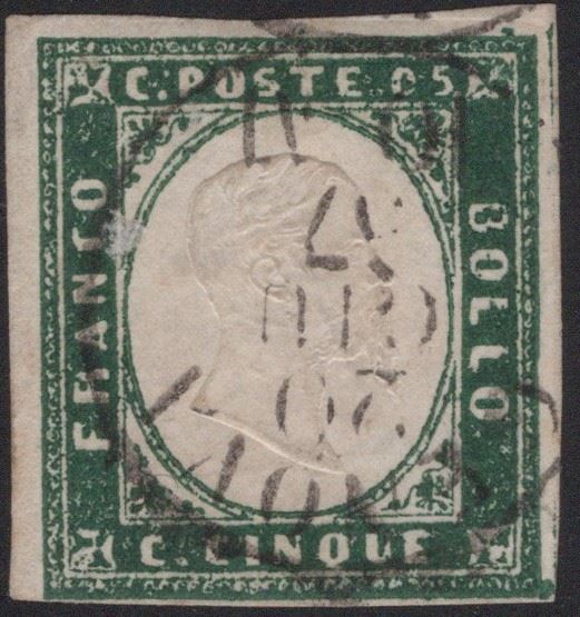 Sardegna, 5 centesimi Verde Mirto n. 13A, 1857